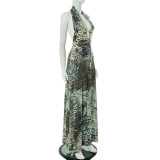 Crossover Neck Peacock Feather Print Pleated Split Dress MXBF-J25DS071