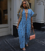 Plus Size Sexy Deep V Neck Holes Denim Jumpsuit GAKF-40609