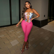 Patchwork Hollow Out Tube Top Pants Suit MXBF-J25ST091