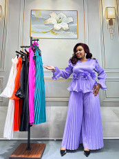 Solid Color Pleated Long Sleeve Pants Suit  GZRF-77061