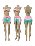 Print Long Sleeve Wrap Tie Up Short 3 Piece Set CH-25029