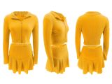 Solid Color Zipper Top Ruffles Skirt 2 Piece Set SFY-2809