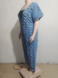 Plus Size Sexy Deep V Neck Holes Denim Jumpsuit GAKF-40609