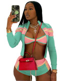 Print Long Sleeve Wrap Tie Up Short 3 Piece Set CH-25029