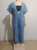 Plus Size Sexy Deep V Neck Holes Denim Jumpsuit GAKF-40609