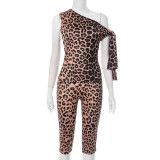 Leopard Print Slash Shoulder Seventh Pants Suit MXBF-J25ST061