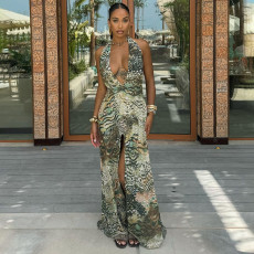 Crossover Neck Peacock Feather Print Pleated Split Dress MXBF-J25DS071