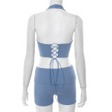 Sexy Halterneck Hollow Out Two Piece Shorts Set MXBF-D25ST155