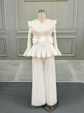 Solid Color Pleated Long Sleeve Pants Suit  GZRF-77061