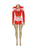 Print Long Sleeve Wrap Tie Up Short 3 Piece Set CH-25029