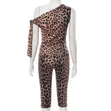 Leopard Print Slash Shoulder Seventh Pants Suit MXBF-J25ST061