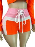 Print Long Sleeve Wrap Tie Up Short 3 Piece Set CH-25029