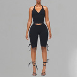 Halterneck Solid Color Tops Bow Pants Suit MXBF-J25ST089