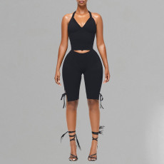 Halterneck Solid Color Tops Bow Pants Suit MXBF-J25ST089