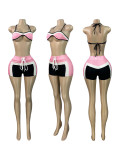 Print Long Sleeve Wrap Tie Up Short 3 Piece Set CH-25029