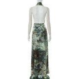 Crossover Neck Peacock Feather Print Pleated Split Dress MXBF-J25DS071