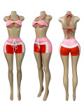 Print Long Sleeve Wrap Tie Up Short 3 Piece Set CH-25029