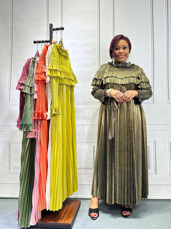 Solid Color Long Sleeved Pleated Dress GZRF-77091