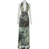 Crossover Neck Peacock Feather Print Pleated Split Dress MXBF-J25DS071