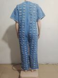 Plus Size Sexy Deep V Neck Holes Denim Jumpsuit GAKF-40609