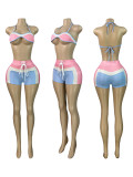 Print Long Sleeve Wrap Tie Up Short 3 Piece Set CH-25029