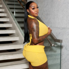 Sexy Halterneck Hollow Out Two Piece Shorts Set MXBF-D25ST155