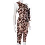 Leopard Print Slash Shoulder Seventh Pants Suit MXBF-J25ST061