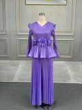 Solid Color Pleated Long Sleeve Pants Suit  GZRF-77061