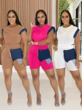 Denim Patchwork Short Sleeve Top Shorts Set QYMF-3085