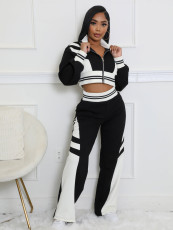 High Collar Zipper Patchwork Two Piece Pants Set QYMF-3066