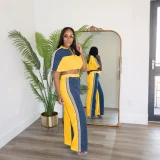 Denim Patchwork Color Zipper Top Wide Leg Pants Set QYMF-3074