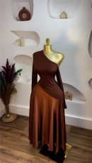 Single Shoulder Long Sleeve Patchwrok Maxi Dress GMSF-9268