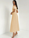 Off Shoulder Tops Pleated Long Skirts 2 Piece Set QYMF-3247