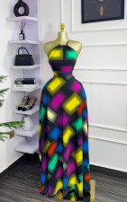 Sleeveless Color Block Print Maxi Dress GXIN-8847