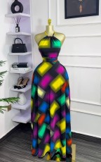 Sleeveless Color Block Print Maxi Dress GXIN-8847
