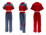 Denim Patchwork Color Zipper Top Wide Leg Pants Set QYMF-3074