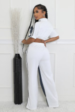 Denim Patchwork Color Zipper Top Wide Leg Pants Set QYMF-3074