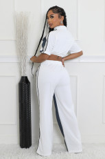 Denim Patchwork Color Zipper Top Wide Leg Pants Set QYMF-3074