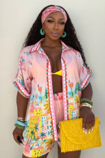  Casual Printed Wrap Chest Shirt Shorts Three Piece Set GDIM-2527