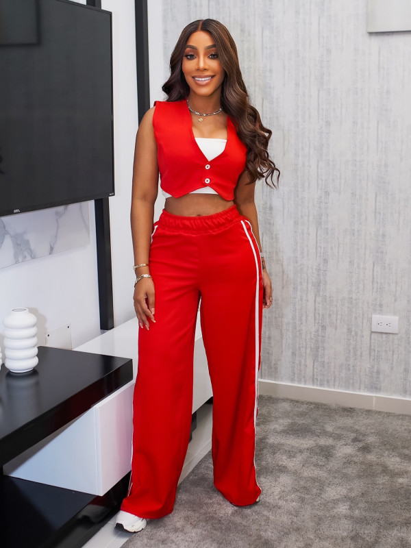 Sleeveless Soiid Color Two Piece Pants Set QYMF-3075