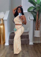 Sleeveless Print Wide Leg Pants 2 Piece Set QYMF-3156