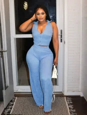 Sleeveless Zipper Tops Two Piece Pants Set QYMF-3084