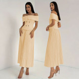 Off Shoulder Tops Pleated Long Skirts 2 Piece Set QYMF-3247