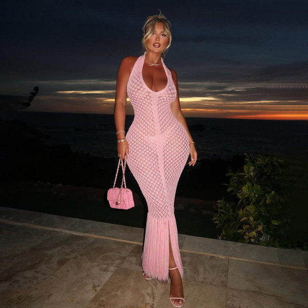 Solid Color Mesh Knits Beach Dress DLSF-W25D65483
