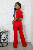 Denim Patchwork Color Zipper Top Wide Leg Pants Set QYMF-3074