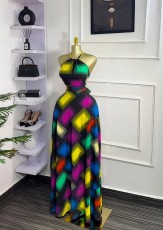 Sleeveless Color Block Print Maxi Dress GXIN-8847