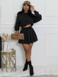 Long Sleeve Solid Color Pleated Mini Dress QYMF-3071