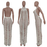 Solid Knitted Halter Hollow Out Maxi Dress TR-1150