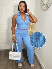 Sleeveless Zipper Tops Two Piece Pants Set QYMF-3084