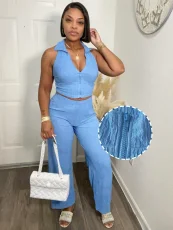 Sleeveless Zipper Tops Two Piece Pants Set QYMF-3084